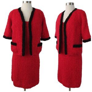 VINTAGE Women's Red & Black Fuzzy Boucle Suit with Dress & Boxy Jacket S-M